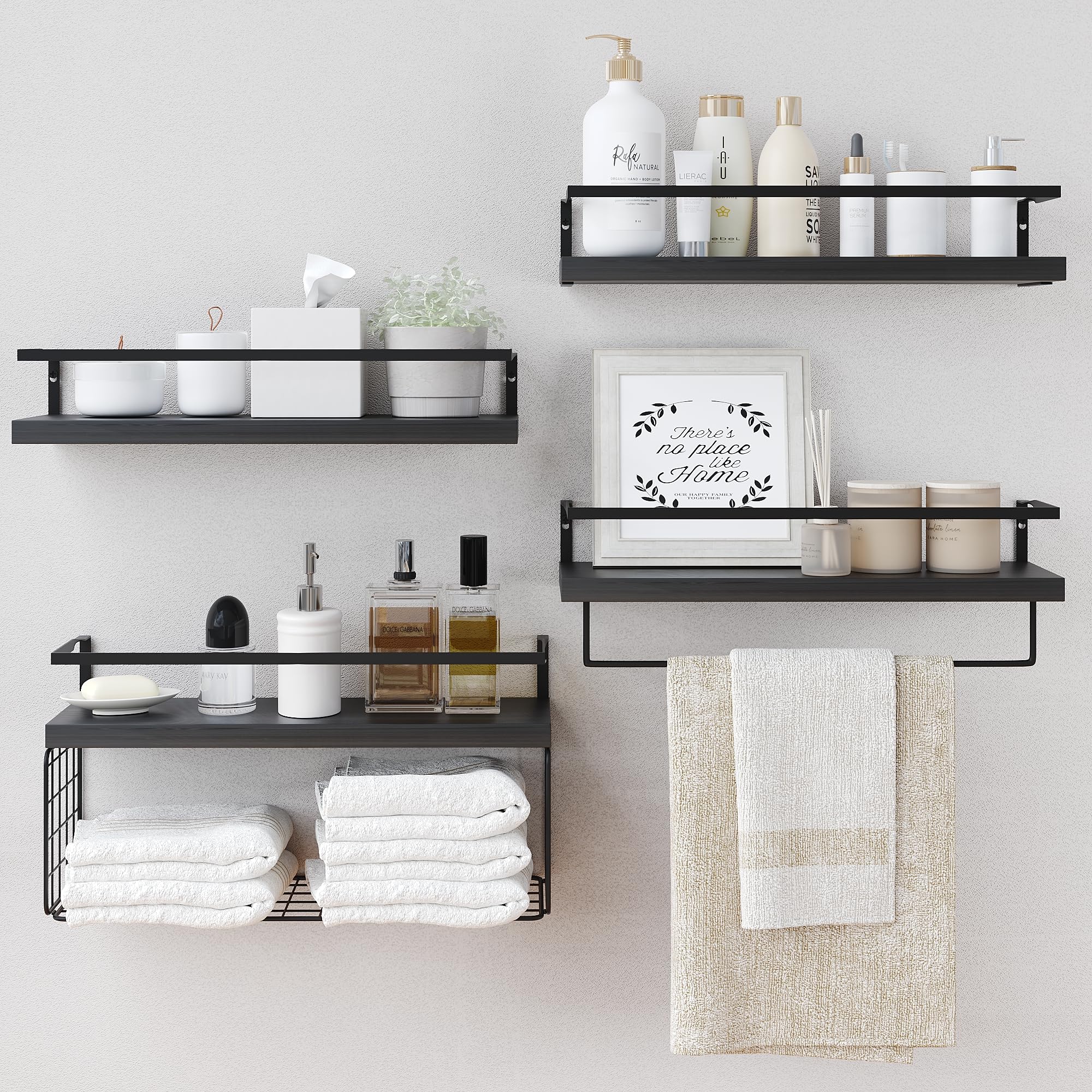 Wood Floating Shelves Wall Mounted - 4+1 Tier Rustic Bathroom Wall Shelves Over Toilet with Wire Storage Basket and Towel Bar, Set of 4 Farmhouse Floating Shelf for Bathroom, Kitchen, Bedroom.