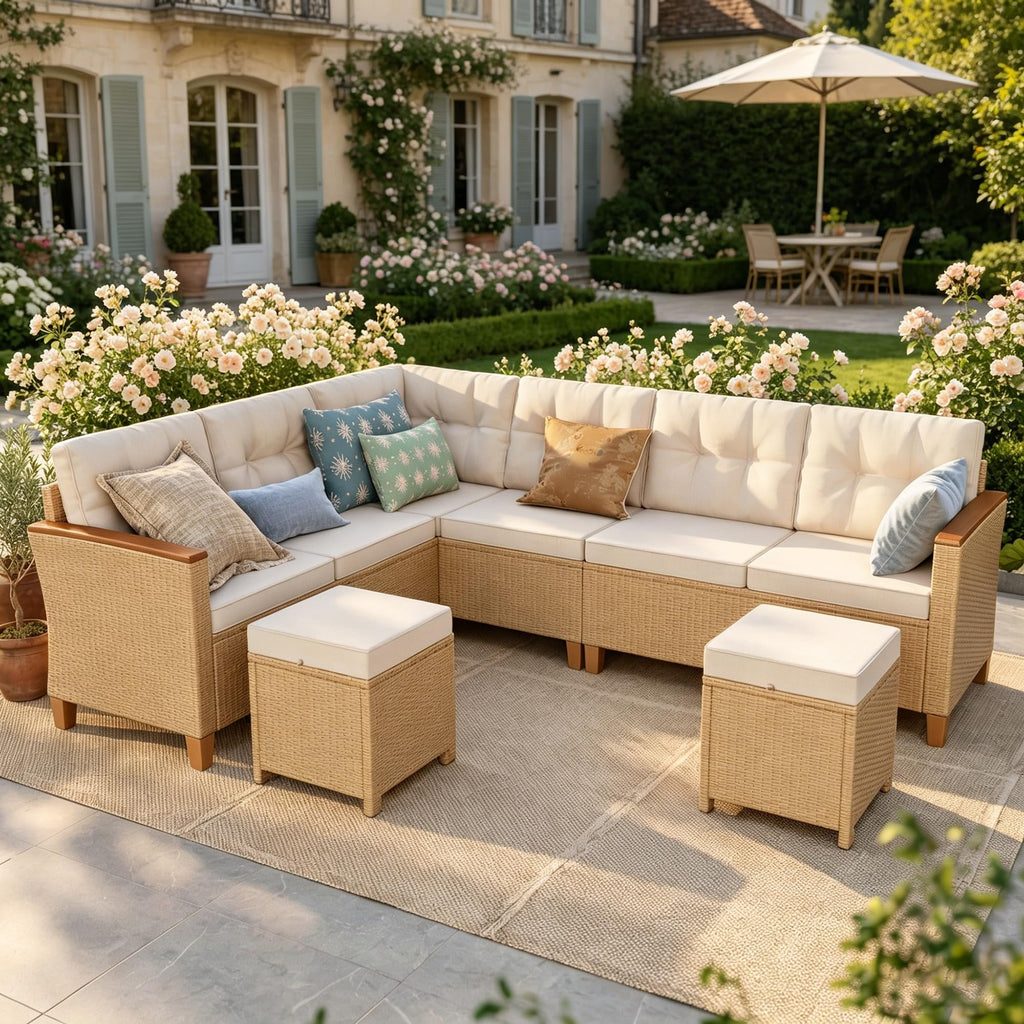 PHI VILLA 8 Seater Rattan Garden Furniture Sets, L Shaped Modular Outdoor Corner Sofa Set All Weather for Patio with Rising Table and 2 Ottomans, Beige