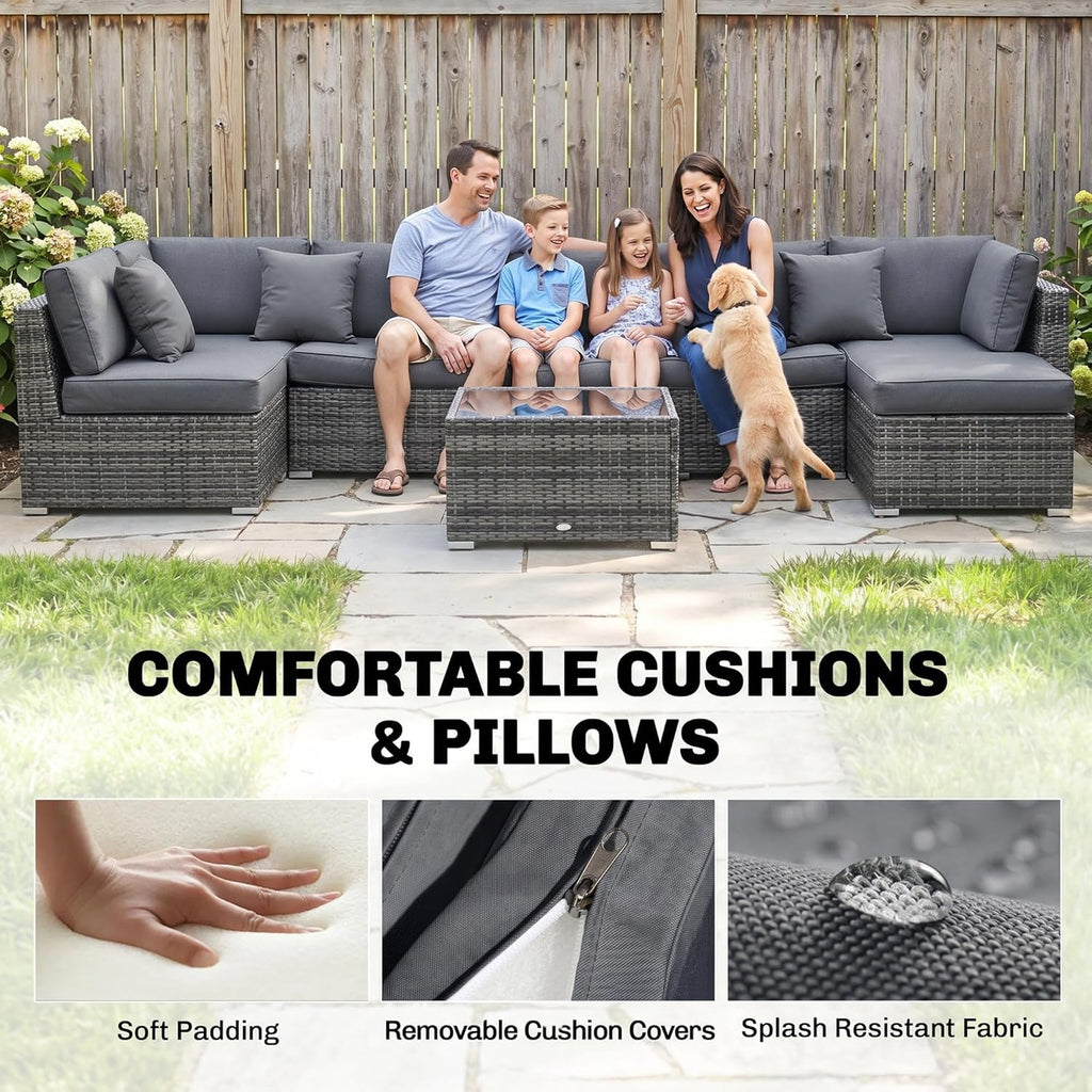 Outsunny 8 Pieces PE Rattan Corner Sofa Set, Outdoor Garden Furniture Set, Patio Wicker Sofa Seater w/Cushion, Washable Cushion Cover & Tempered Glass Table, Grey