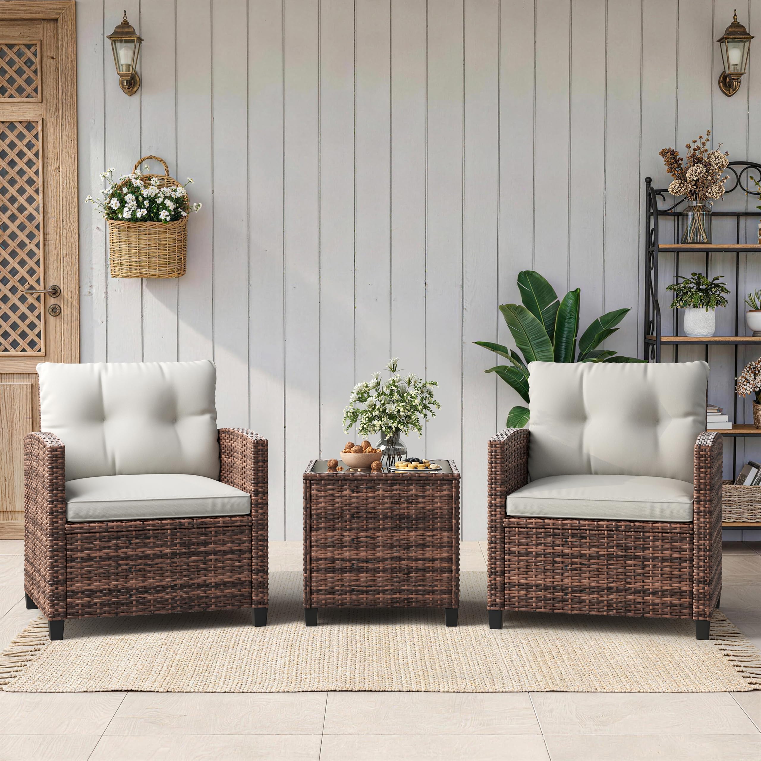 Garvee 3 Pieces Rattan Bistro Set, Wicker Garden Furniture Set with Coffee Table and 2 Chairs, Washable Cushions, Water Resistant, Outdoor Table & Chair Set for Outdoor Backyard, Patio, Balcony, Grey
