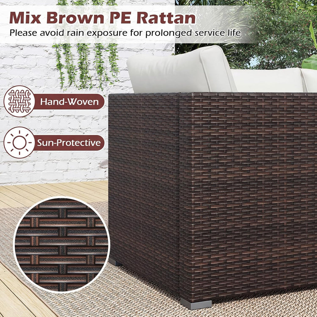 COSTWAY 3-Seater Garden Rattan Sofa, 3-Piece Sectional Patio Sofa Couch with Thick Cushions and Armrests, All-Weather Wicker Weave Outdoor Seating Bench Furniture (Mixed Brown+Off White, 193x67x61cm)