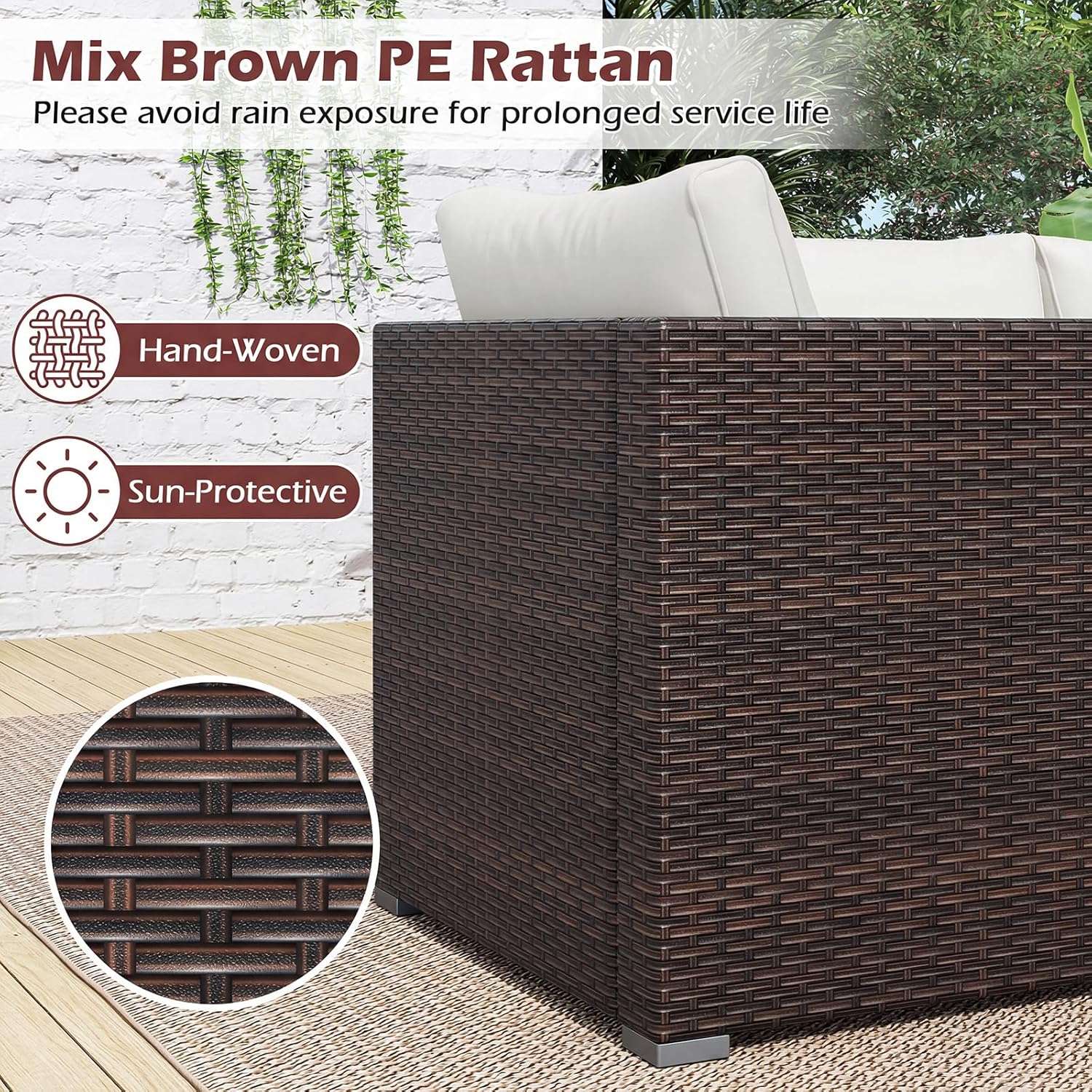 COSTWAY 3-Seater Garden Rattan Sofa, 3-Piece Sectional Patio Sofa Couch with Thick Cushions and Armrests, All-Weather Wicker Weave Outdoor Seating Bench Furniture (Mixed Brown+Off White, 193x67x61cm)