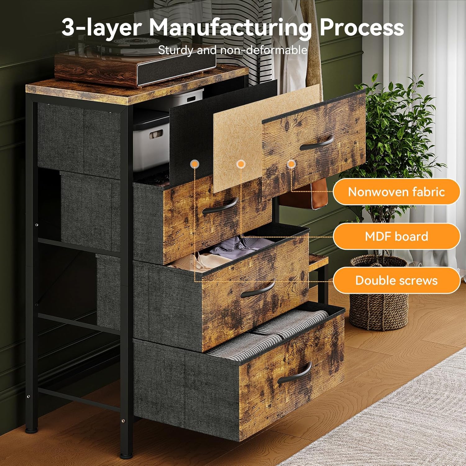 ODK 3 in 1 Chest of Drawers Bedroom, Including 4 Fabric Drawers, with a Sturdy Clothes Rail and 2 Coat Hooks, Double-layer Shoe Rack at the Bottom, Suitable for Bedroom and Entryway, Retro color
