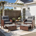 5-Piece Grey PE Rattan Patio Set with Ottomans, Coffee Table & Thick Cushions for Garden Balcony