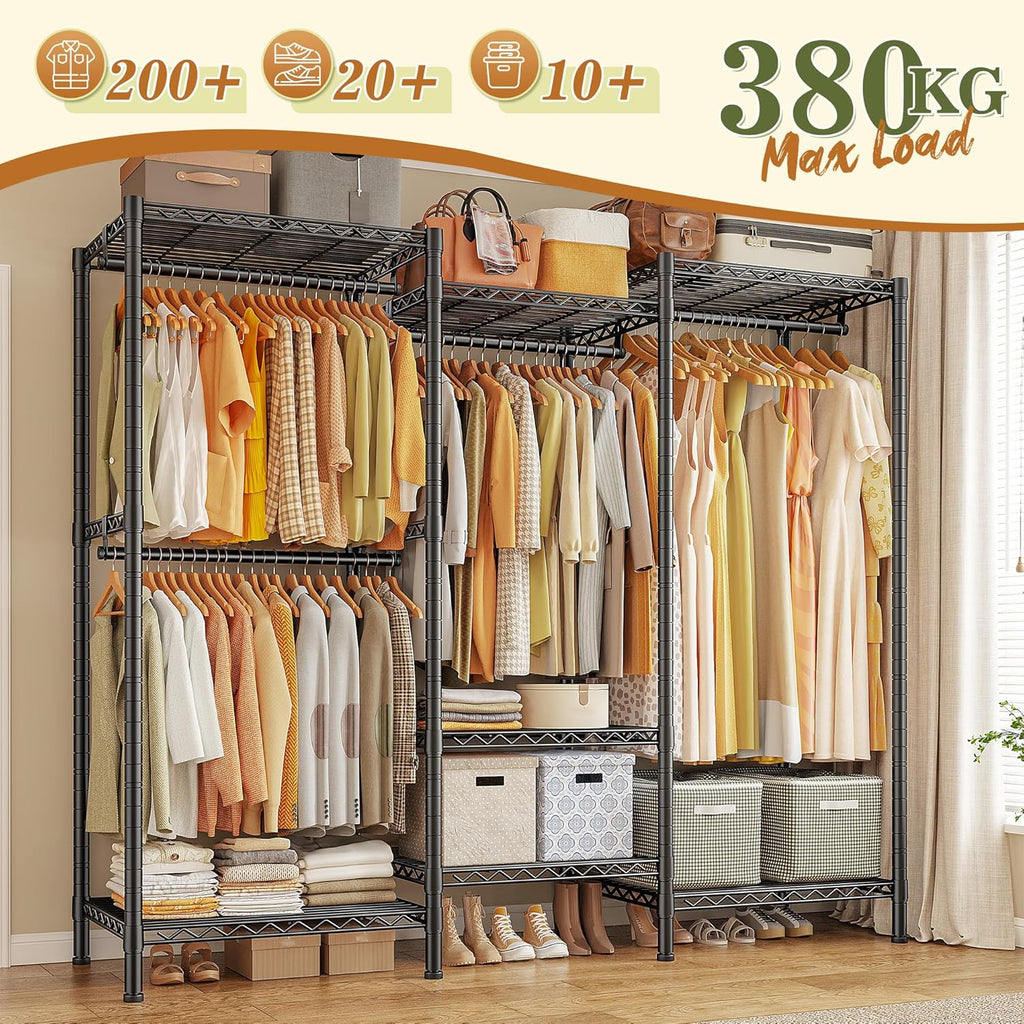 REIBII 380kg Strong Heavy Duty Clothes Rail, 194Hx175Wx40Dcm Freestanding Clothes Rail with 7 Sheves and 4 Adjustable Hanging Rods, Split-Type Design, 2-Mode Steel Clothes Rail for Bedroom Black