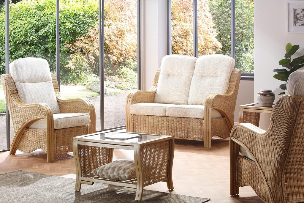 Desser Opera Light Oak Rattan Conservatory Sofa – Cane 2 Seater Sofa with Jasper Fabric Cushions – Indoor Real Wicker Settee with UK Made Cushions - H105cm x W126cm x D96cm
