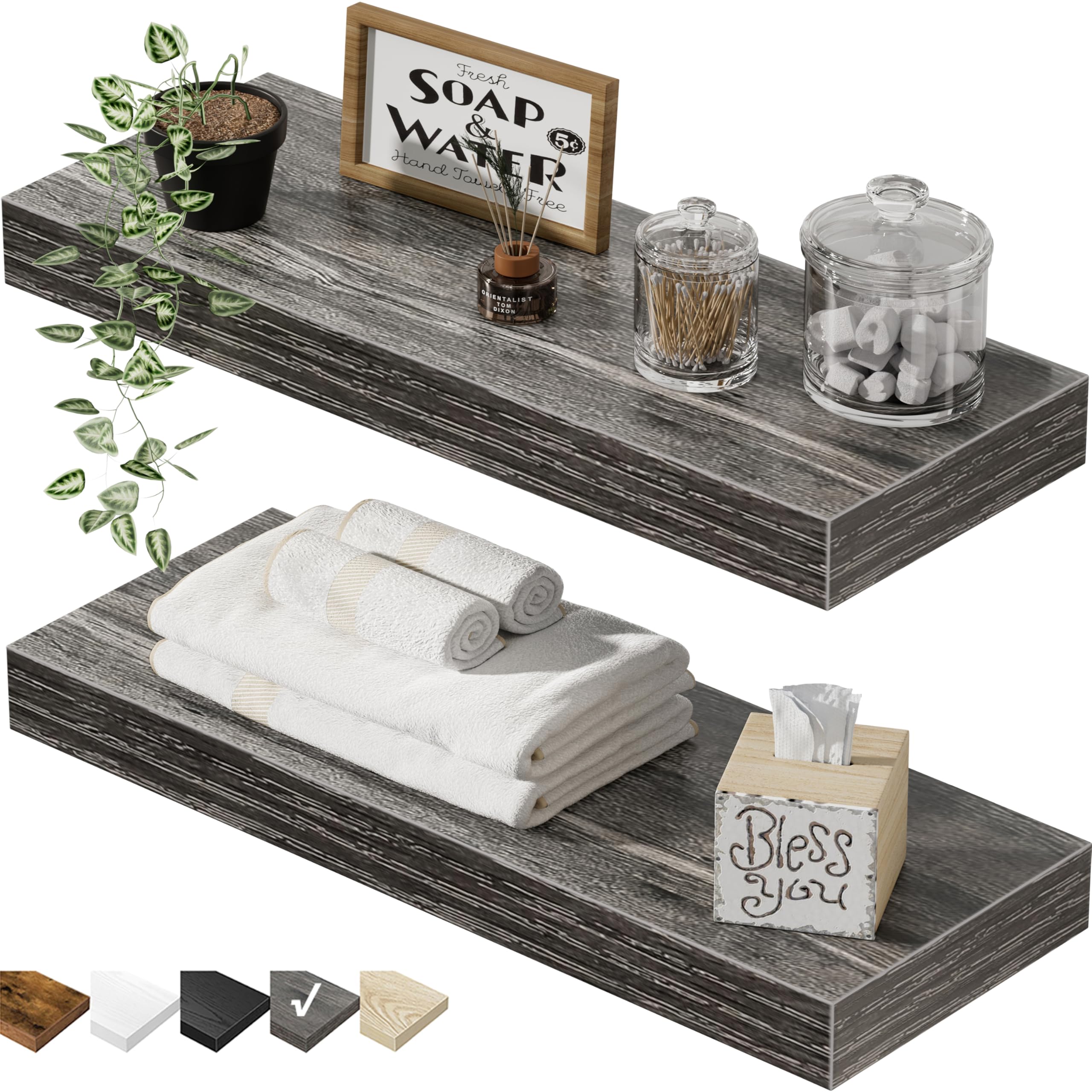 QEEIG Floating Shelves for Wall 23.6" Long - Wall Mounted Shelf Bathroom Kitchen Living Room Bedroom Farmhouse Home Decor Display Bookshelf Set of 2, Rustic Brown (008-60BN)
