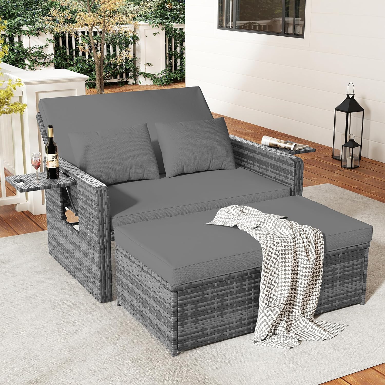 Amopatio Rattan Daybed Garden Furniture Set, Outdoor Loveseat Sofa with Storage Ottoman, Sunbed Sofa Set with Cushions/Adjustable Backrest/Retractable Trays for Balcony, Patio, Grey
