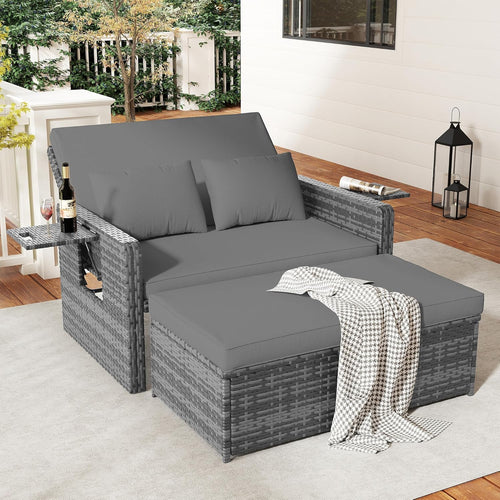 Amopatio Rattan Daybed Garden Furniture Set, Outdoor Loveseat Sofa with Storage Ottoman, Sunbed Sofa Set with Cushions/Adjustable Backrest/Retractable Trays for Balcony, Patio, Grey