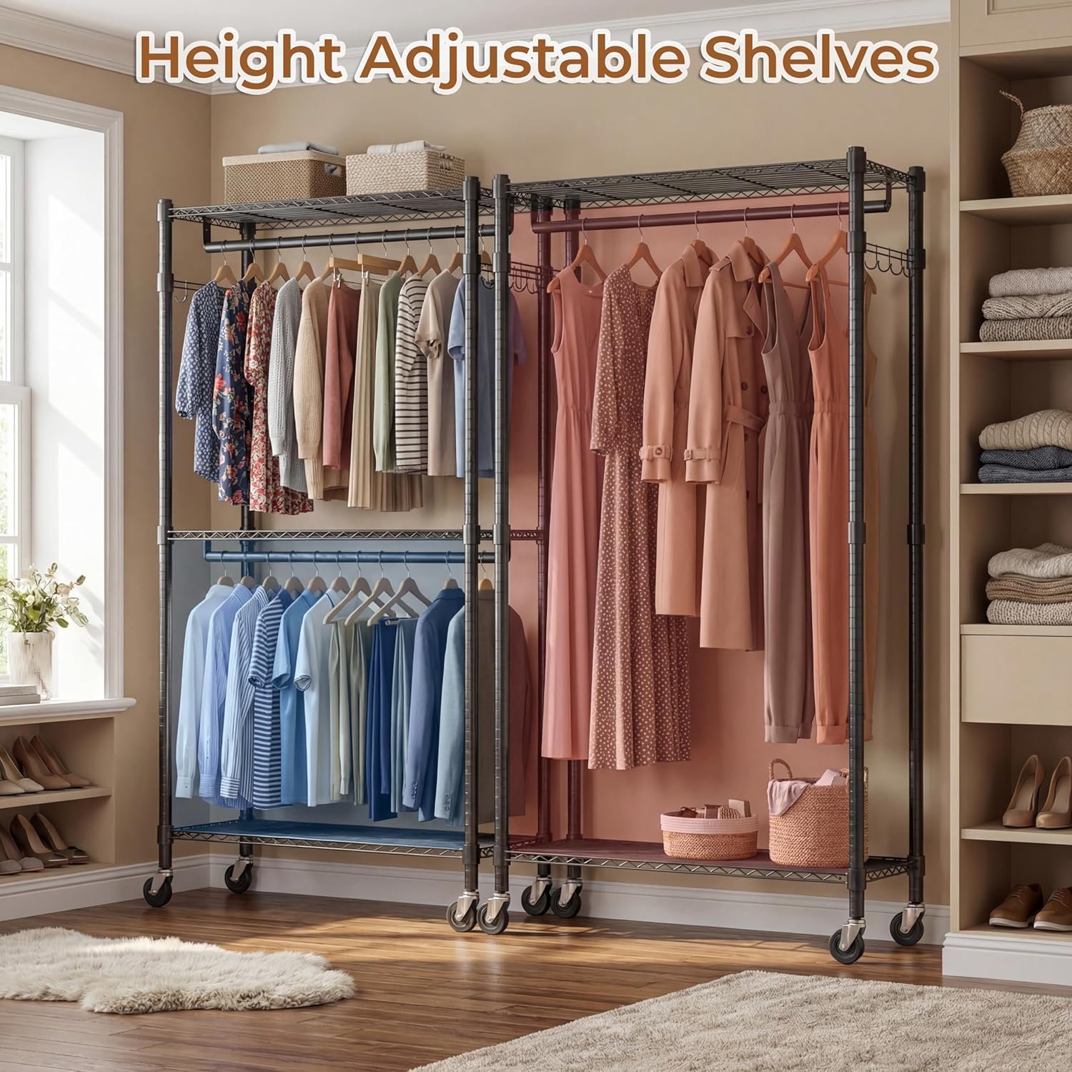 Himimi Double Rod Garment Rack/Clothes Rail with Height-Adjustable Shelves, Heavy Duty Clothes Rack with 2 Hooks, Clothes Rails with Wheels, 90 * 42 * 205cm, Black