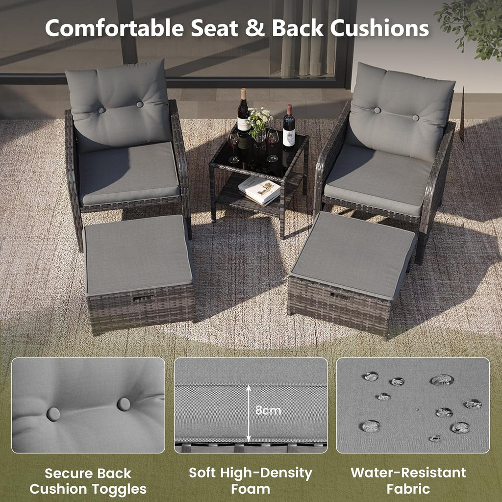 5-Piece Grey PE Rattan Patio Set with Ottomans, Coffee Table & Thick Cushions for Garden Balcony
