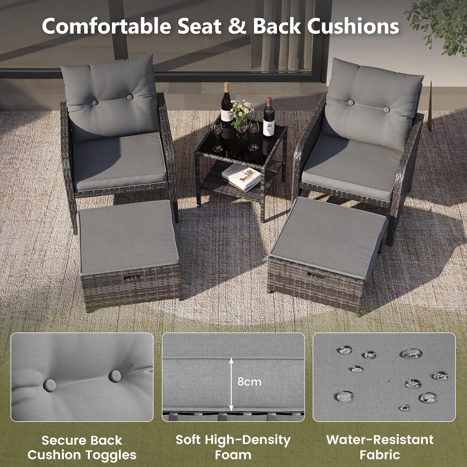 5-Piece Grey PE Rattan Patio Set with Ottomans, Coffee Table & Thick Cushions for Garden Balcony