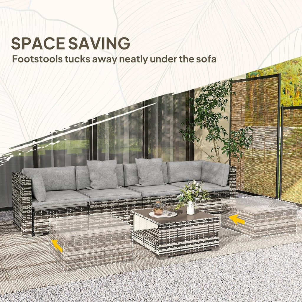 Outsunny 7 Pieces PE Rattan Garden Sofa Set Patio Furniture Set with Glass Table, Stools, Cushions, Pillows, for Outdoor Balcony, Mixed Grey