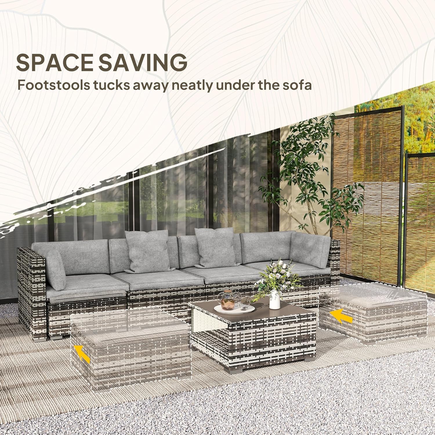 Outsunny 7 Pieces PE Rattan Garden Sofa Set Patio Furniture Set with Glass Table, Stools, Cushions, Pillows, for Outdoor Balcony, Mixed Grey