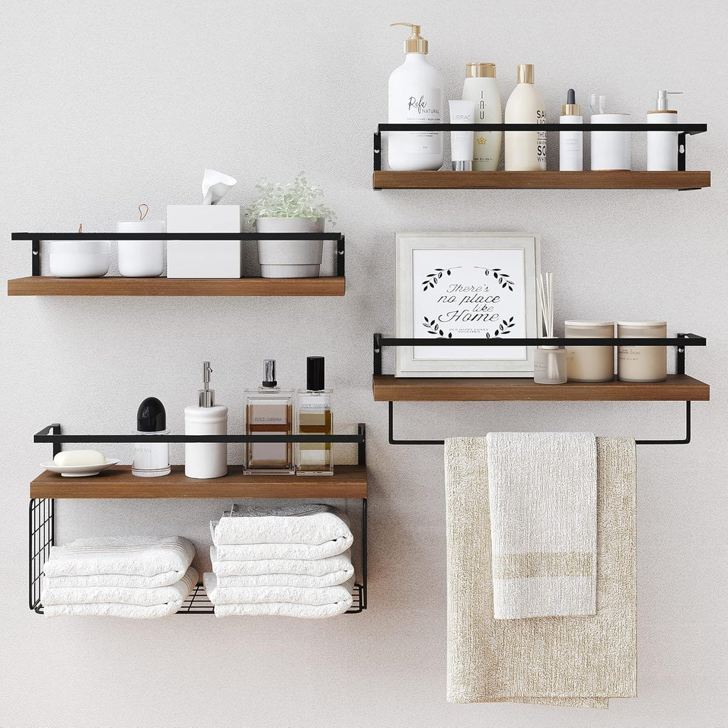 Wood Floating Shelves Wall Mounted - 4+1 Tier Rustic Bathroom Wall Shelves Over Toilet with Wire Storage Basket and Towel Bar, Set of 4 Farmhouse Floating Shelf for Bathroom, Kitchen, Bedroom.