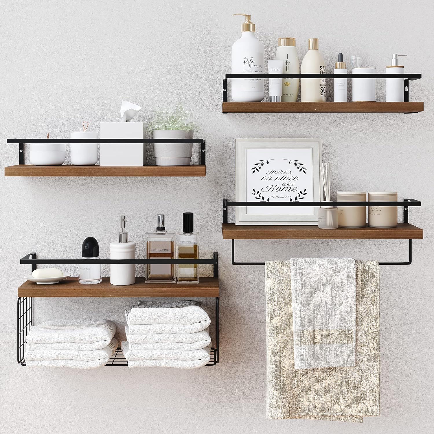 Wood Floating Shelves Wall Mounted - 4+1 Tier Rustic Bathroom Wall Shelves Over Toilet with Wire Storage Basket and Towel Bar, Set of 4 Farmhouse Floating Shelf for Bathroom, Kitchen, Bedroom.