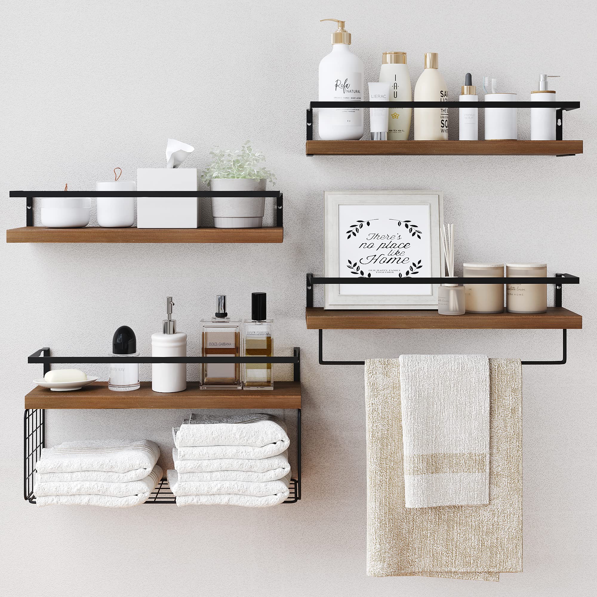 Wood Floating Shelves Wall Mounted - 4+1 Tier Rustic Bathroom Wall Shelves Over Toilet with Wire Storage Basket and Towel Bar, Set of 4 Farmhouse Floating Shelf for Bathroom, Kitchen, Bedroom.