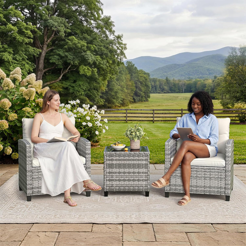 Garvee 3 Pieces Rattan Bistro Set, Wicker Garden Furniture Set with Coffee Table and 2 Chairs, Washable Cushions, Water Resistant, Outdoor Table & Chair Set for Outdoor Backyard, Patio, Balcony, Grey