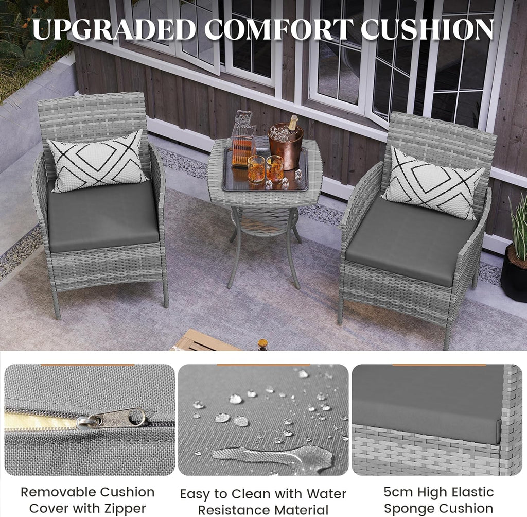 Amopatio 3 Pcs Rattan Garden Furniture Sets, Outdoor Bistro Set with Table and Chairs, Washable Cushions for Balcony, Patio, Backyard, Grey
