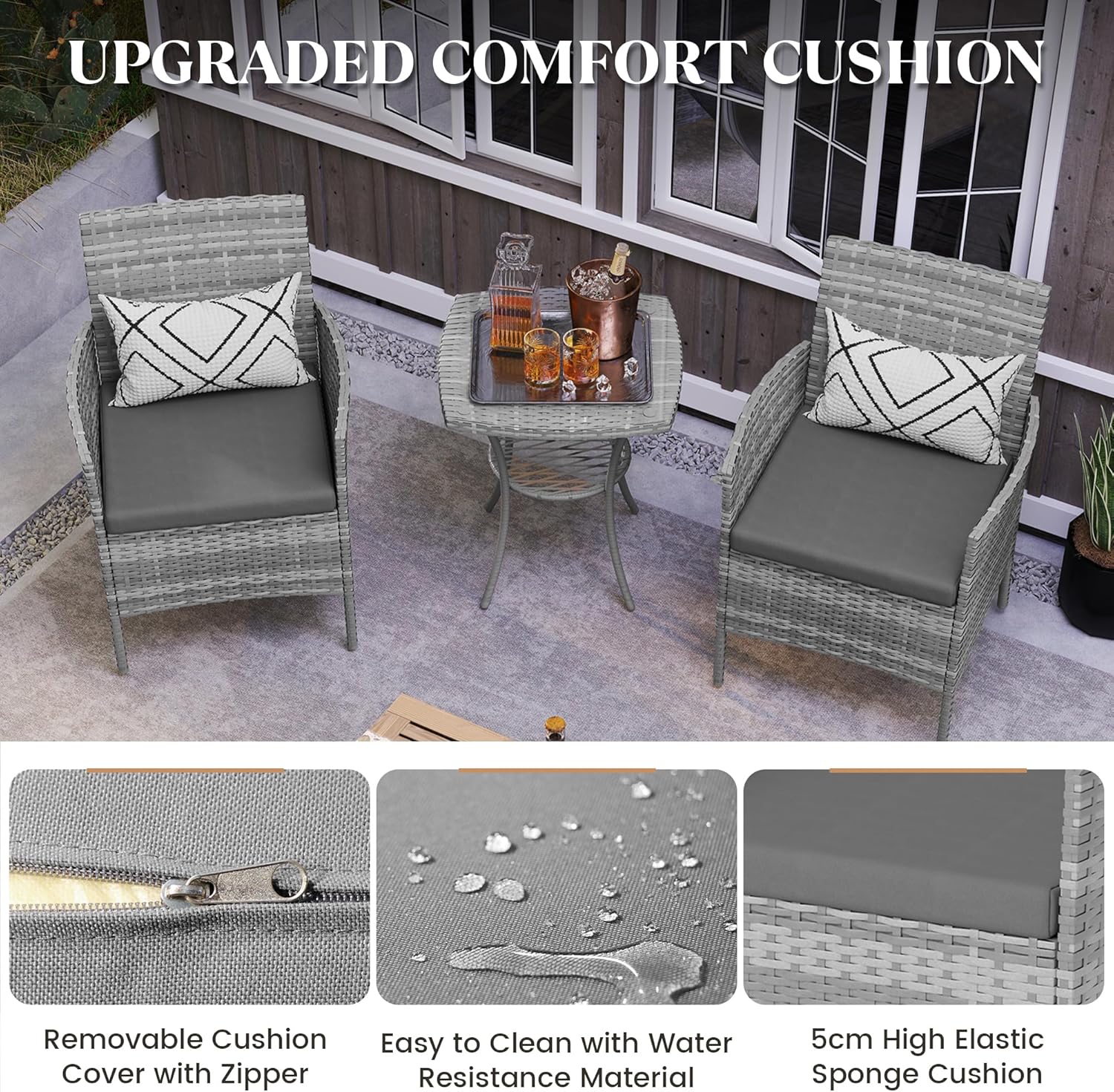 Amopatio 3 Pcs Rattan Garden Furniture Sets, Outdoor Bistro Set with Table and Chairs, Washable Cushions for Balcony, Patio, Backyard, Grey