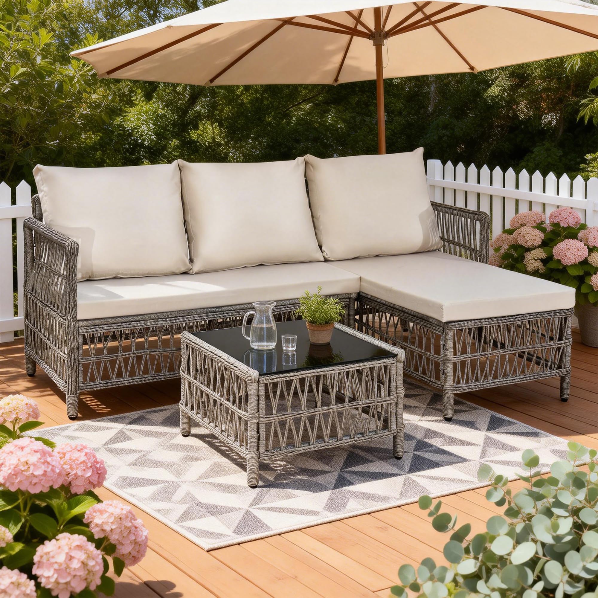 3-Piece Rattan Garden Furniture Set, Outdoor Sectional Sofa with Coffee Table, Black Wicker, White Cushions