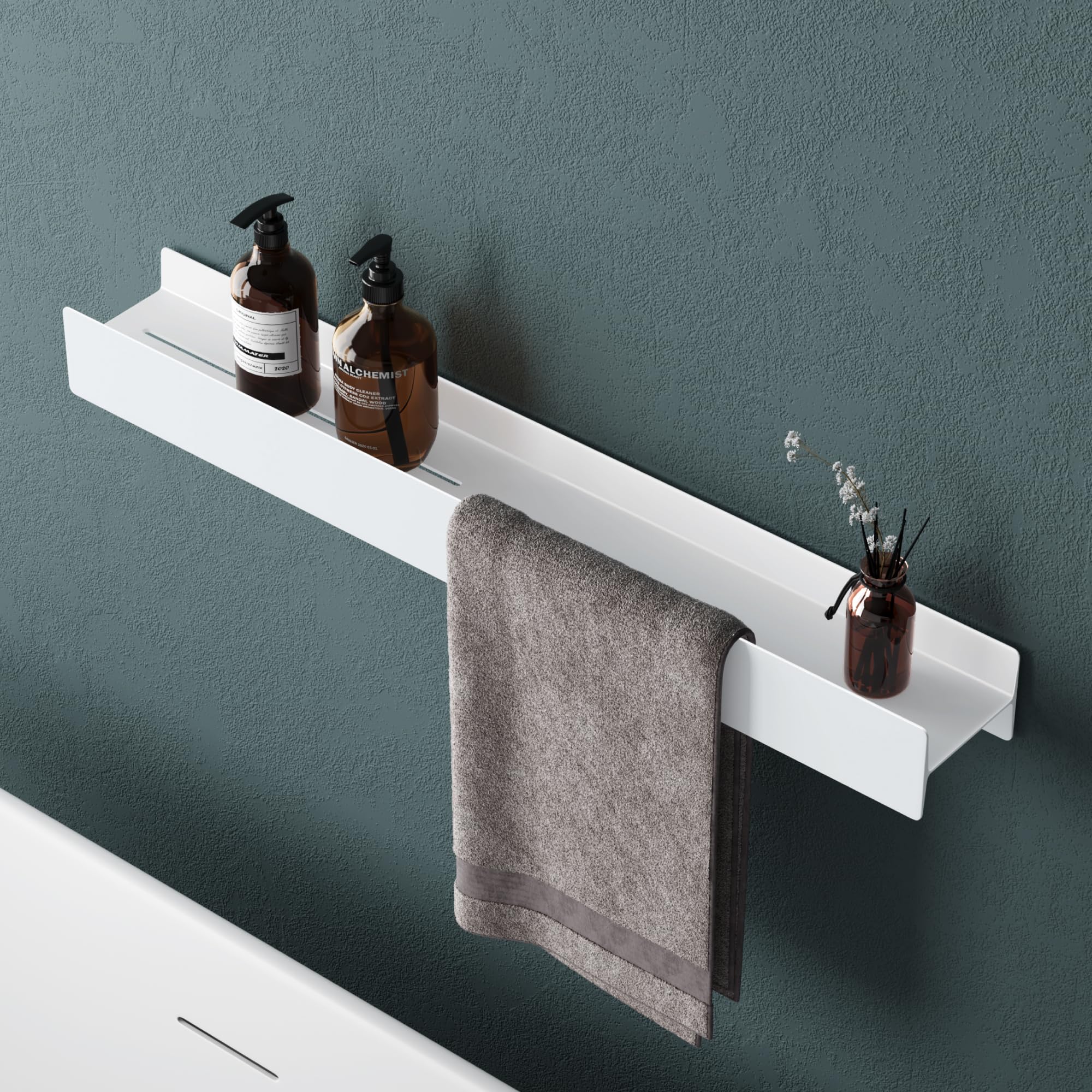 Mai & Mai Shower Caddy No Drill, Bathroom Storage Shelf with Screw Mounting and Optional Adhesive Installation, 60cm Wall Mounted Shower Shelf with Towel Hanging Space, Reglo-03, Matte Black
