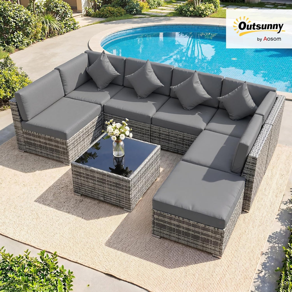 Outsunny 8 Pieces PE Rattan Corner Sofa Set, Outdoor Garden Furniture Set, Patio Wicker Sofa Seater w/Cushion, Washable Cushion Cover & Tempered Glass Table, Grey
