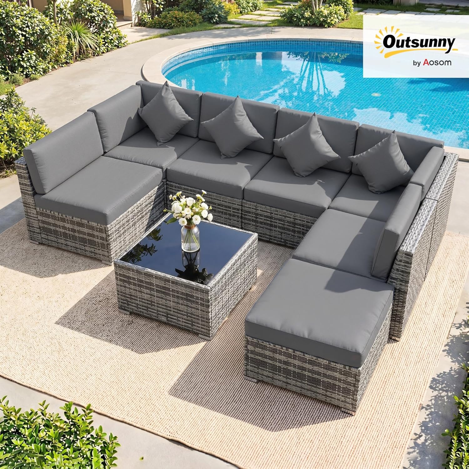 Outsunny 8 Pieces PE Rattan Corner Sofa Set, Outdoor Garden Furniture Set, Patio Wicker Sofa Seater w/Cushion, Washable Cushion Cover & Tempered Glass Table, Grey